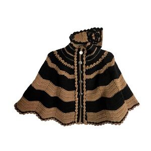 1920s Cape Crocheted + Matching Headband Vintage Black & Brown Stripe Perfect